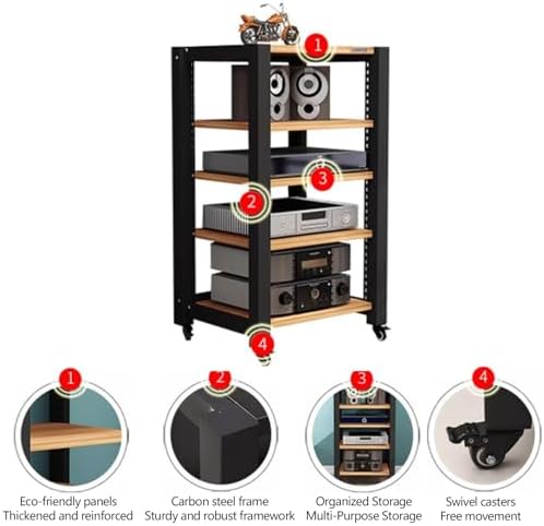 Adjustable Media Stand with Wheels - 3-Tier Open Storage Audio Rack for Record Players, Stereo Cabinet, Home Theater & Office Furniture (Brown, 60x50x64cm)