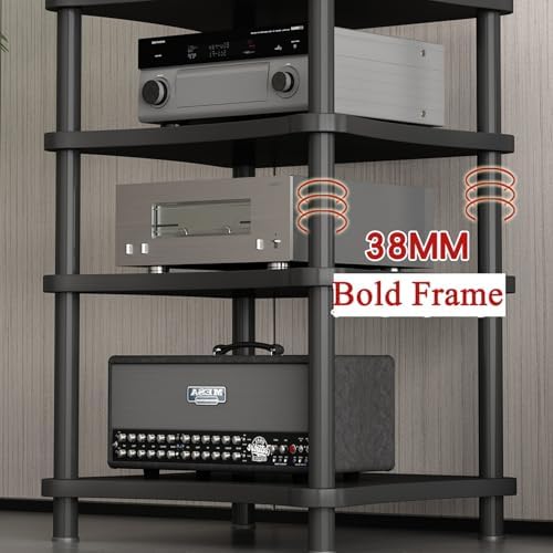 Teak Record Player Stand with Wheels - Wooden Media Shelf, Heavy-Duty Audio Rack, Stylish Corner Cabinet for Home & Office Storage, Black, 2-Tier with Wheels
