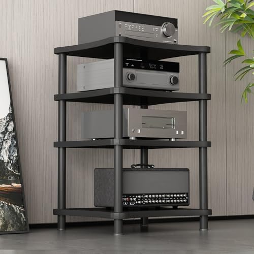 Teak Record Player Stand with Wheels - Wooden Media Shelf, Heavy-Duty Audio Rack, Stylish Corner Cabinet for Home & Office Storage, Black, 2-Tier with Wheels