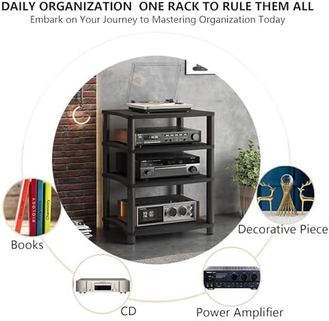 4-Tier Audio Video Media Stand, Stereo Rack Tower for AV Equipment, Open Design Record Player Stand, Small Gaming TV Entertainment Center for Living Room (Brown, 60x48x88cm)