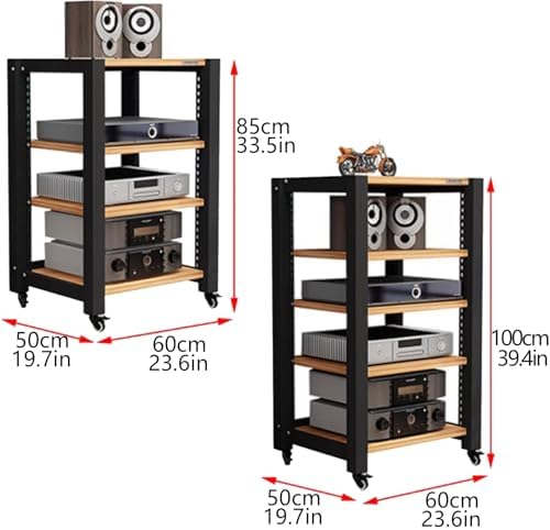 Adjustable Media Stand with Wheels, 3-Tier Open Storage Cabinet for Record Players, Audio Video Rack, Mobile Stereo Shelf for Office & Home Theater (Brown, 60x50x64cm)