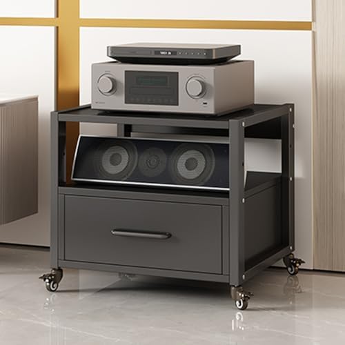 Adjustable Movable Media Stand with Shelves & Drawer - Open Stereo Cabinet for Audio-Video Equipment Storage Portable Rack for Living Room & Office Use-Black-2 Tier-19.6