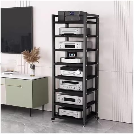 Height-Adjustable HiFi Stand with Wheels - Open Audio Equipment Rack 4-7 Tier Heavy Duty Media Storage Cabinet for DVDs and Hi-Fi Systems-Black-#2-8 tier-60cm Wide