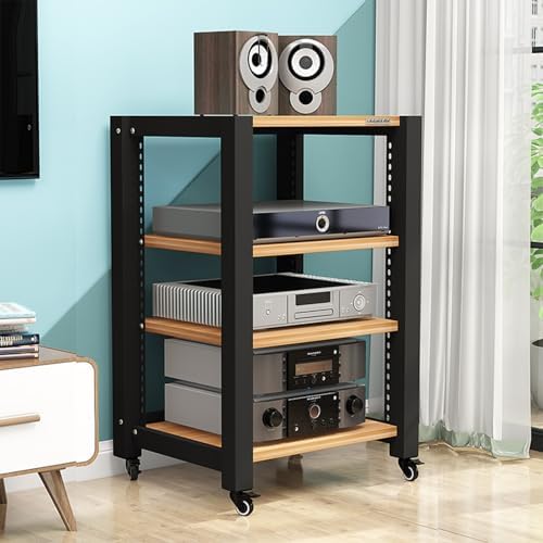 Adjustable Media Stand with Wheels, 3-Tier Open Storage Cabinet for Record Players, Audio Video Rack, Mobile Stereo Shelf for Office & Home Theater (Brown, 60x50x64cm)