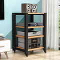 Adjustable Media Stand with Wheels, 3-Tier Open Storage Cabinet for Record Players, Audio Video Rack, Mobile Stereo Shelf for Office & Home Theater (Brown, 60x50x64cm)