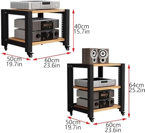 Adjustable Media Stand with Wheels - 3-Tier Open Storage Audio Rack for Record Players, Stereo Cabinet, Home Theater & Office Furniture (Brown, 60x50x64cm)