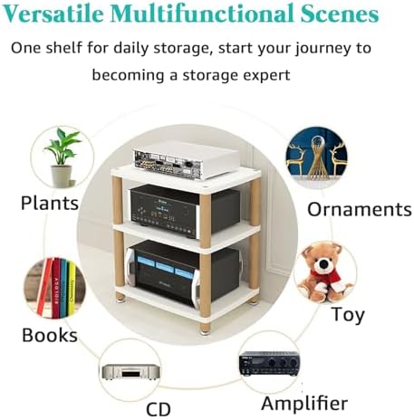3-Tier Adjustable AV Media Stand - Wooden Record Player & DVD/CD Audio Rack Tower, Entertainment Stereo Storage Cabinet, Space-Saving Console Shelf for Home Theater
