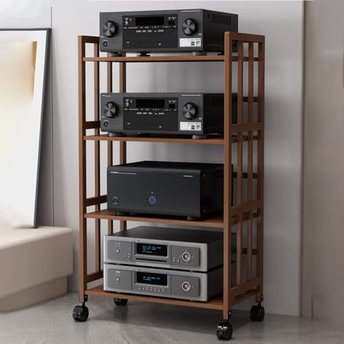 Adjustable Brown Wooden Audio Rack - 2 to 5 Tier Media Storage Stand for Home, Office, Theater - Modern Movable Stereo Cabinet with Versatile Shelves for DVDs, CDs, and Gaming Consoles