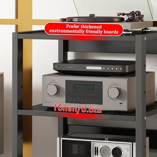 Adjustable Movable Media Stand with Shelves & Drawer - Open Stereo Cabinet for Audio-Video Equipment Storage Portable Rack for Living Room & Office Use-Black-3 Tier-19.6