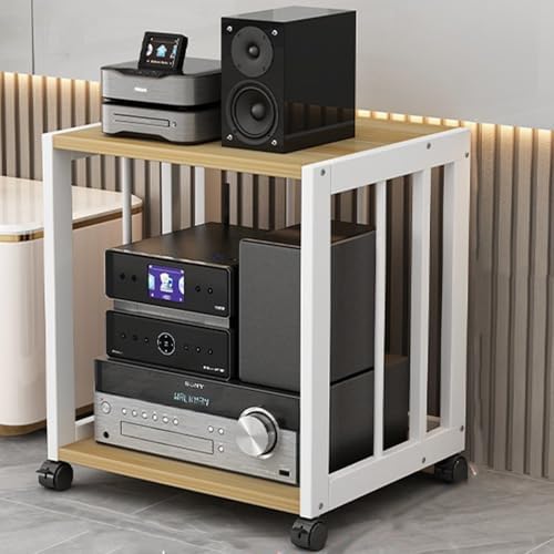 Audio Stand HiFi Rack 2 3 4 5 Tier Media Storage Cabinet with Brake Wheels, Movable Record Player, Game Equipment Console Shelf(Black+White,2 Tier)