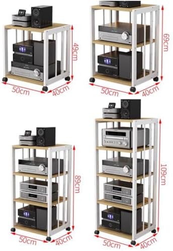 Audio Stand HiFi Rack 2 3 4 5 Tier Media Storage Cabinet with Brake Wheels, Movable Record Player, Game Equipment Console Shelf(Black+White,2 Tier)