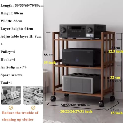 Stereo Cabinet Media Storage Rack, 3 Tier Corner Bookshelf with Adjustable Shelves and Universal Wheels for Audio-Video Equipment, Home and Office Furniture