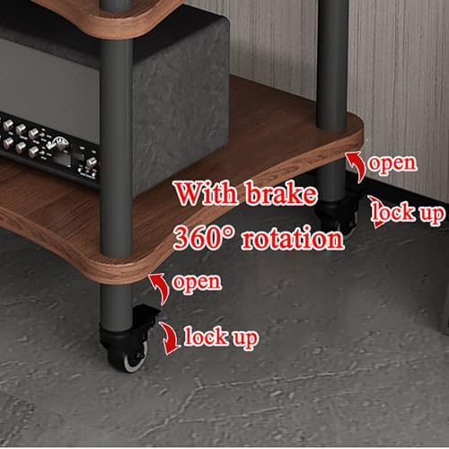 Teak Record Player Stand with Wheels - Heavy-Duty Wooden Stereo Cabinet, Media Corner Shelf & Storage Rack for Home & Office Audio Components, Black, 2-Tier Feet