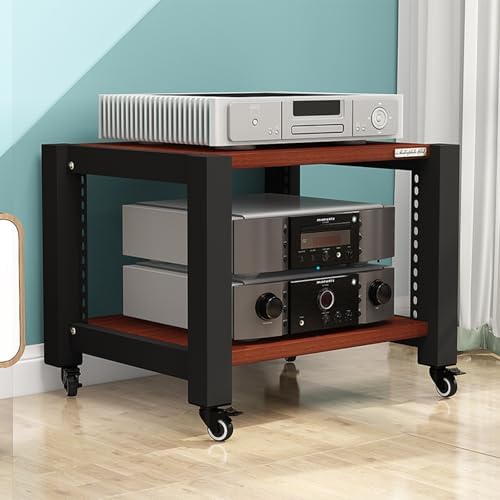 Adjustable Media Stand with Wheels - 3-Tier Open Storage Audio Rack for Record Players, Stereo Cabinet, Home Theater & Office Furniture (Brown, 60x50x64cm)