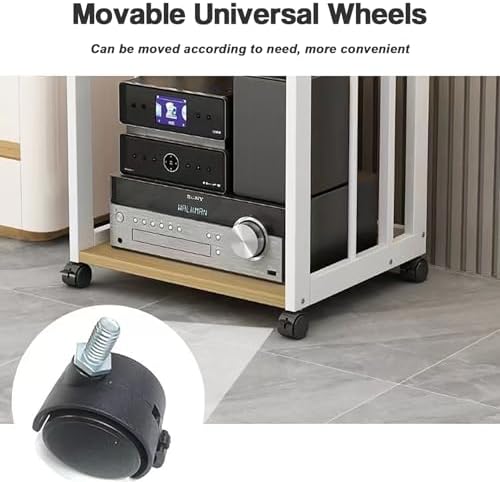 5-Tier Audio Rack with Wheels - Heavy Duty AV Media Stand Cabinet, Adjustable Shelves for Stereo & Multimedia Storage, Tall Floor-Standing Entertainment Center
