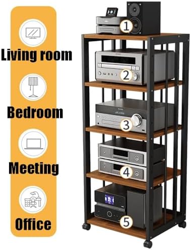 Audio Stand HiFi Rack 2 3 4 5 Tier Media Storage Cabinet with Brake Wheels, Movable Record Player, Game Equipment Console Shelf(Black+White,2 Tier)