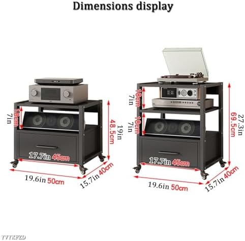 Adjustable Movable Media Stand with Shelves & Drawer - Open Stereo Cabinet for Audio-Video Equipment Storage Portable Rack for Living Room & Office Use-Black-3 Tier-19.6