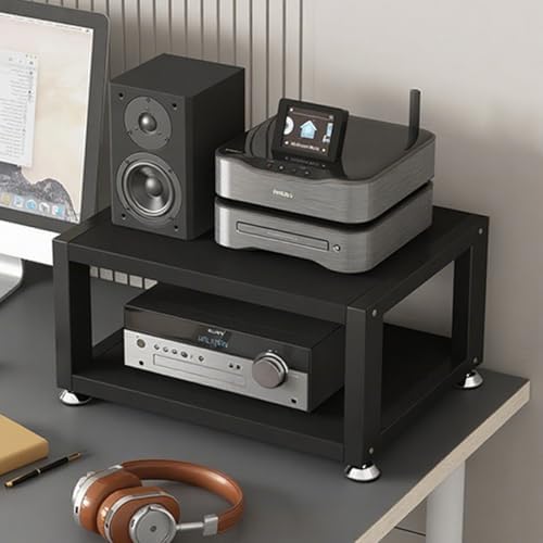 2 Tier Desktop AV Media Stand, Open Audio Rack Storage Cabinet for HiFi Equipment, Small Stereo Cabinet for Amplifier, CD/DVD Player, 45x35x23cm, Black