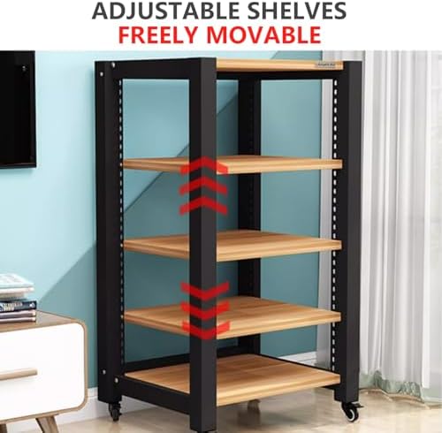 Adjustable Media Stand with Wheels, 3-Tier Open Storage Rack for Record Players, Audio/Video Equipment, Stereo Cabinet, Home Office & Theater Furniture (Brown, 60x50x64cm)