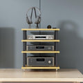 Modern Audio Rack Stand - Teak Media Cabinet for Stereo & CD Player - Open Storage AV Equipment Tower - Floor-Standing Design with Foot Pads (40x35x35CM)