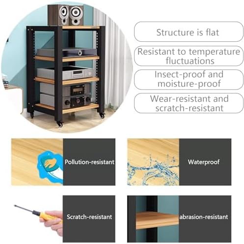 Adjustable Media Stand with Wheels, 3-Tier Stereo Cabinet for Record Players, Movable Audio Rack, Open Storage for Office & Theater (Brown, 60x50x64cm)