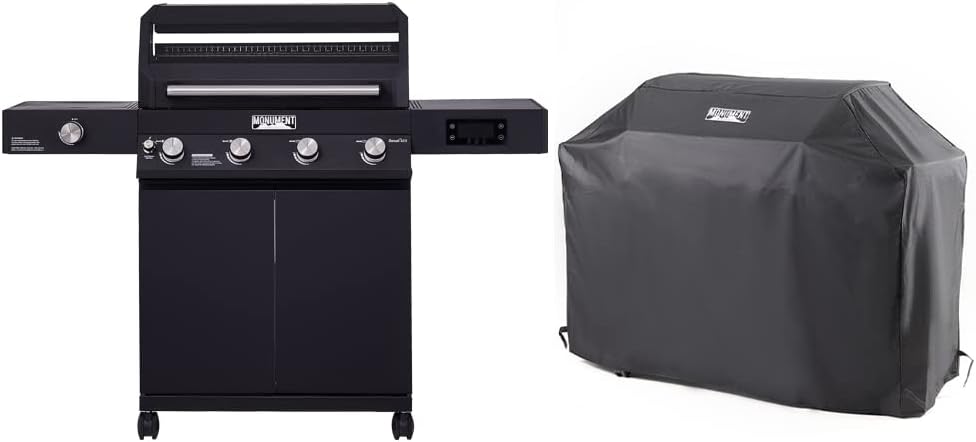 Monument Grills Denali Series, Denali 425 4-Burner Liquid Propane Gas Smart BBQ Grill Stainless Steel with BBQ Cover (2 items)
