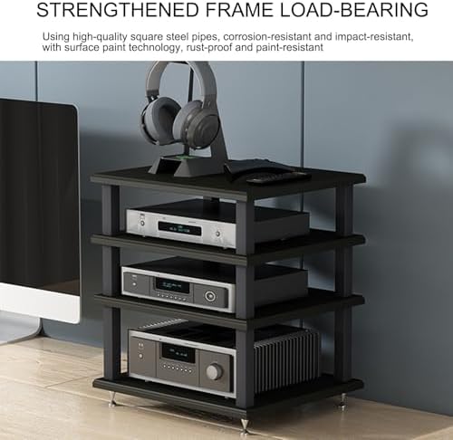 Modern Audio Rack Stand - Stylish Open Storage Cabinet for Stereo, CD Player & AV Equipment - Floor-Standing Media Tower with Foot Pads - Teak Finish, Home Entertainment Organizer (40x35x35CM)