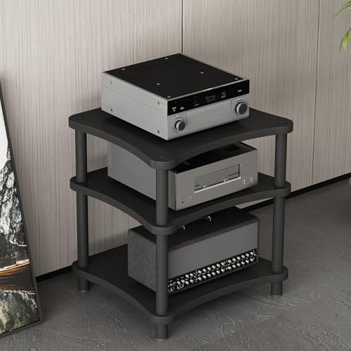 Stylish Black Teak Record Player Stand - 5-Tier Wooden Media Shelf with Wheels, Heavy-Duty Stereo Cabinet for Home/Office, Vinyl Record Storage Rack, 3-Tier Feet