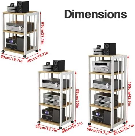 5-Tier Heavy Duty AV Media Stand with Wheels - Adjustable Audio Rack Cabinet, Tall Multimedia Storage Solution for Stereo Components & Equipment