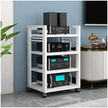 Audio Stand, 4-Tier Movable Shelving Rack with Wheels, Adjustable Open Storage for Office Equipment, Thickened Board Media Stand, Metal Frame