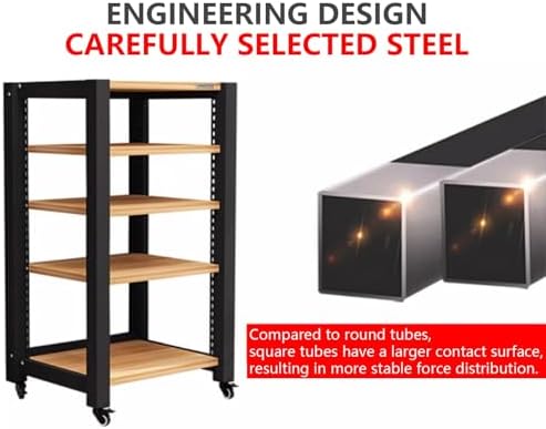 Adjustable Media Stand with Wheels, 3-Tier Open Storage Rack for Record Players, Audio/Video Equipment, Stereo Cabinet, Home Office & Theater Furniture (Brown, 60x50x64cm)