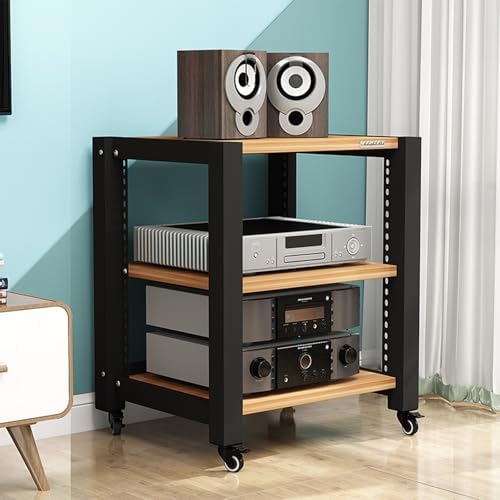 Adjustable Media Stand with Wheels, 3-Tier Stereo Cabinet for Record Players, Movable Audio Rack, Open Storage for Office & Theater (Brown, 60x50x64cm)