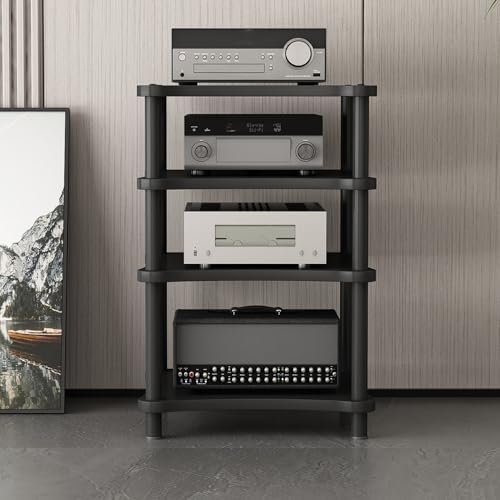 Stylish Black Teak Record Player Stand - 5-Tier Wooden Media Shelf with Wheels, Heavy-Duty Stereo Cabinet for Home/Office, Vinyl Record Storage Rack, 3-Tier Feet