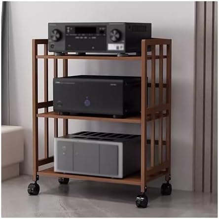 Stereo Cabinet Media Storage Rack, 3 Tier Corner Bookshelf with Adjustable Shelves and Universal Wheels for Audio-Video Equipment, Home and Office Furniture