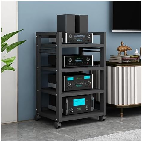 Audio Stand, Movable 4 Tier Shelving Rack with Wheels, Adjustable Open Storage for Office Equipment, Thickened Board Media Stand, Metal Frame