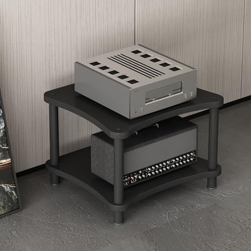Teak Record Player Stand with Wheels - Heavy-Duty Wooden Stereo Cabinet, Media Corner Shelf & Storage Rack for Home & Office Audio Components, Black, 2-Tier Feet