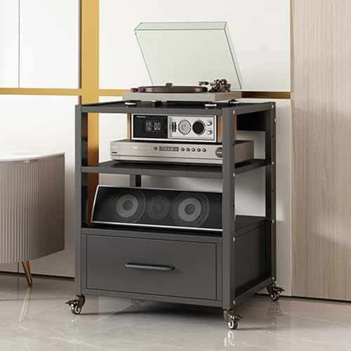Adjustable Movable Media Stand with Shelves & Drawer - Open Stereo Cabinet for Audio-Video Equipment Storage Portable Rack for Living Room & Office Use-Black-3 Tier-19.6