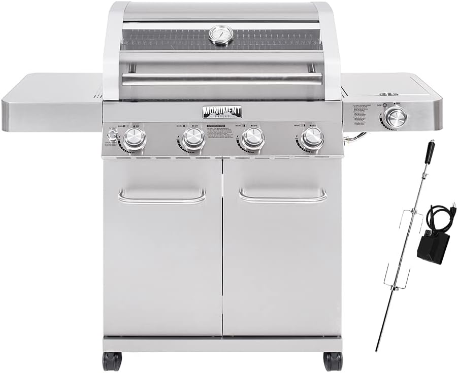Monument Grills Larger Convertible 4-Burner Natural Gas Grill Stainless Steel Cabinet Style Propane Grills with Rotisserie Kit(2 items)