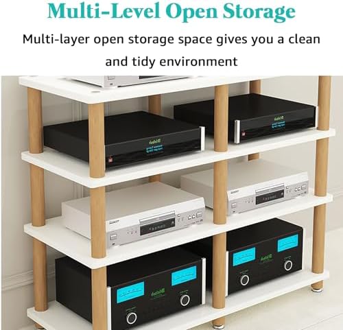 3-Tier Adjustable AV Media Stand - Wooden Record Player & DVD/CD Audio Rack Tower, Entertainment Stereo Storage Cabinet, Space-Saving Console Shelf for Home Theater