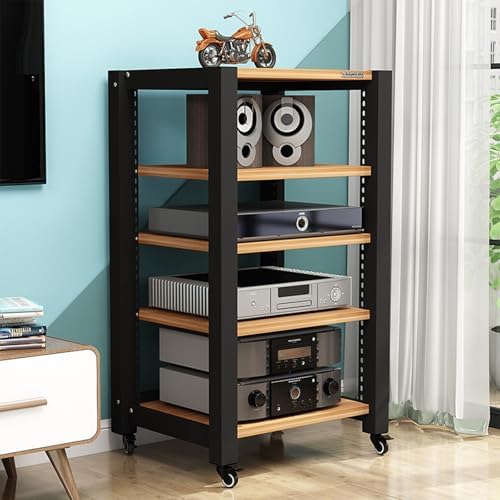 Adjustable Media Stand with Wheels, 3-Tier Open Storage Rack for Record Players, Audio/Video Equipment, Stereo Cabinet, Home Office & Theater Furniture (Brown, 60x50x64cm)