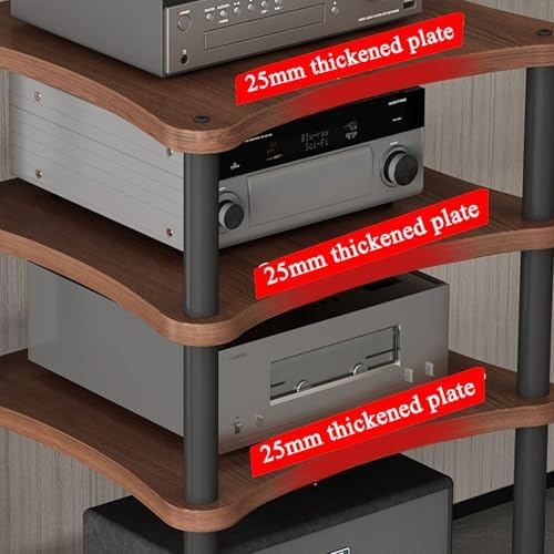 Stylish Black Teak Record Player Stand - 5-Tier Wooden Media Shelf with Wheels, Heavy-Duty Stereo Cabinet for Home/Office, Vinyl Record Storage Rack, 3-Tier Feet