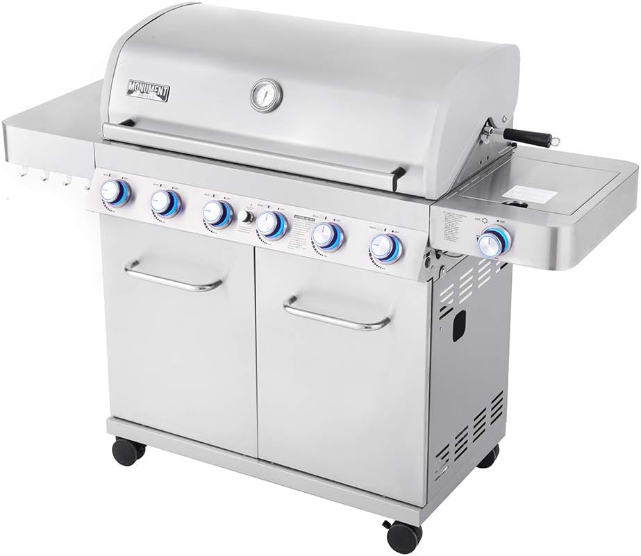 Monument Grills 6 Burner 640 sq.in. Stainless Steel Propane Gas Grill with a Rotisserie Kit, a Side Burner, a Built-In Thermometer, Large Cabinet Style Grill