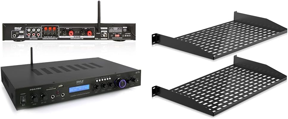 Pyle 5 Channel Bluetooth Receiver Home Theater Amp with 2 Vented 1U Server Rack Shelves for Electronics and Audio Equipment