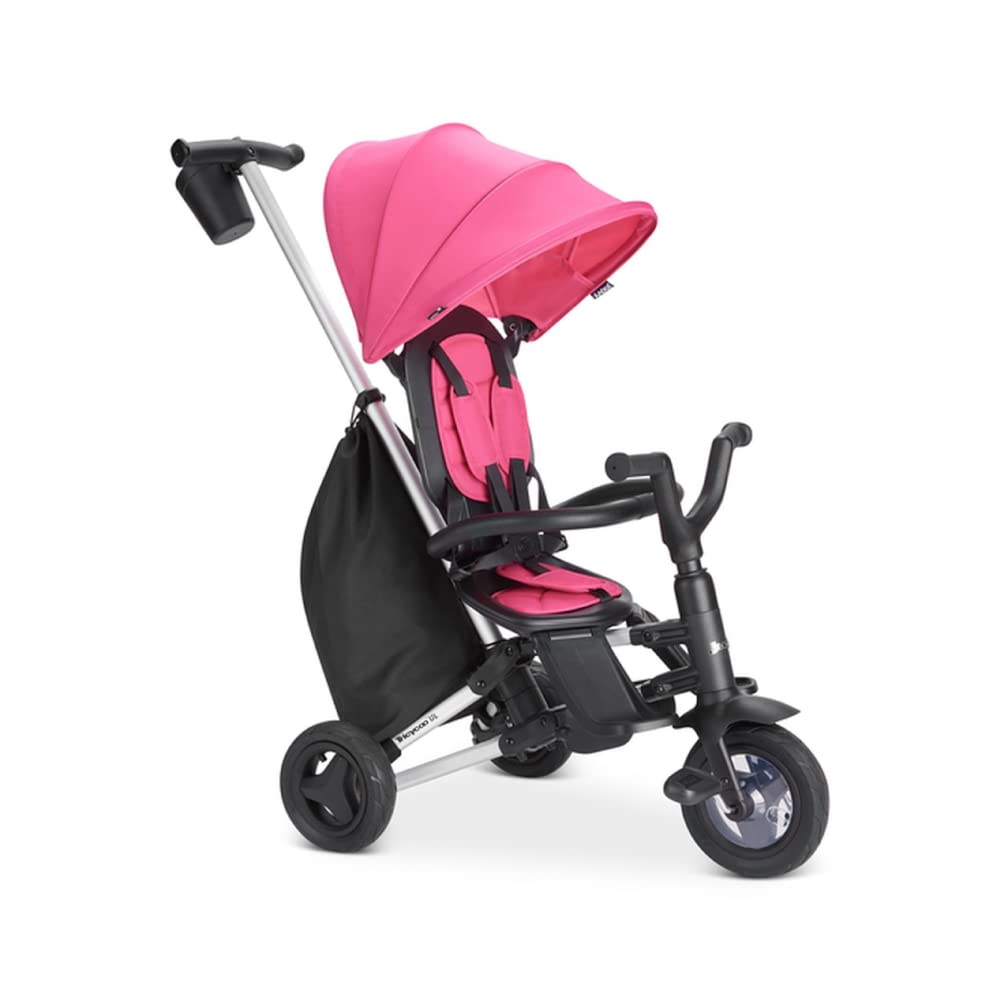 Joovy Tricycoo UL Kids Tricycle with 8 Stages Featuring 3 Rubber Tires, Removable and Adjustable Parent Handle, Safety Harness, 3-Position Recline Seat, and Retractable Canopy, Pink Crush