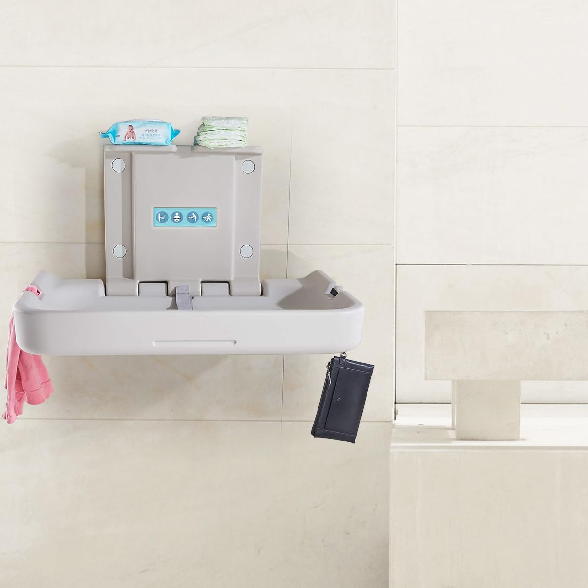 Wall Mounted Baby Changing Station, Horizontal Fold-Down Diaper Changing Table with Safety Strap, HDPE Surface, Dual Bag Hooks & Built-in Liner Dispensers for Commercial Restrooms (White Granite)