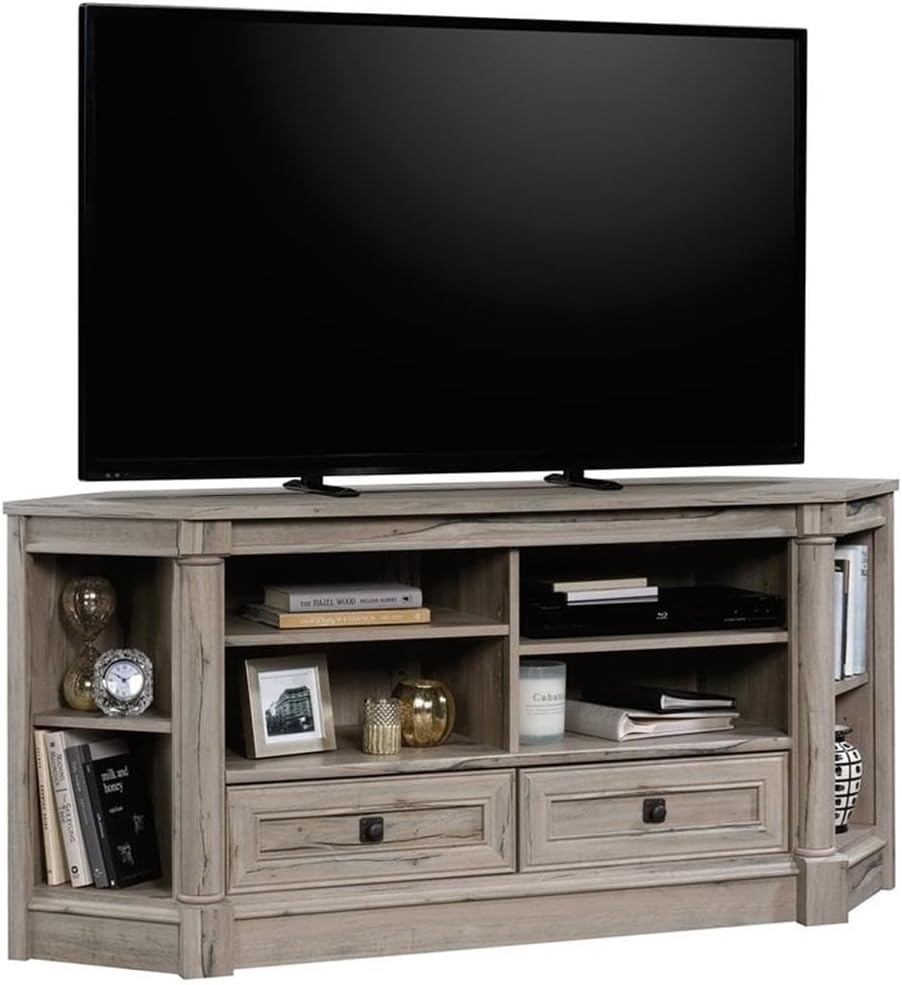 Pemberly Row Corner TV Stand Console, 60 in, Engineered Wood, Split Oak Finish, Adjustable Shelves and Drawers, Compact Space Solution, Fits Up to 60 in TV, Home Living Room Storage