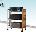 Adjustable 5Tier Wooden HiFi Audio Rack On Wheels – Movable Media Storage Cabinet for Audio/Video Equipment Stylish Brown Finish Perfect for Home Theater Setup,Wood Color,3,Tier