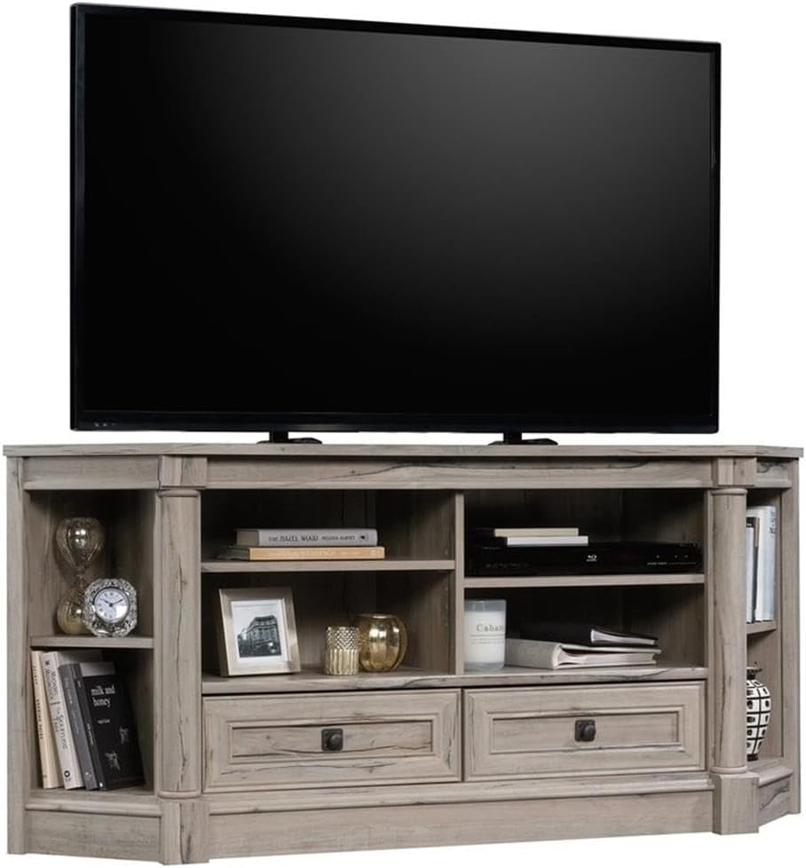 Pemberly Row Corner TV Stand Console, 60 in, Engineered Wood, Split Oak Finish, Adjustable Shelves and Drawers, Compact Space Solution, Fits Up to 60 in TV, Home Living Room Storage
