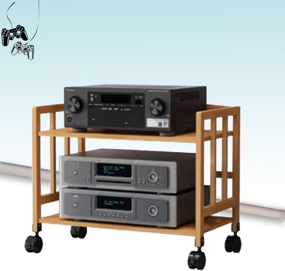 Adjustable 5Tier Wooden HiFi Audio Rack On Wheels – Movable Media Storage Cabinet for Audio/Video Equipment Stylish Brown Finish Perfect for Home Theater Setup,Wood Color,2,Tier