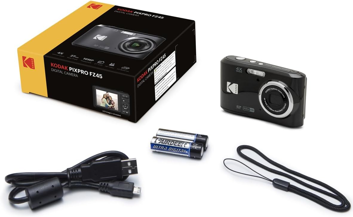 Kodak PIXPRO FZ45 Digital Camera, 16MP Point & Shoot with 4X Optical Zoom, 27mm Wide Angle, 2.7 Inch LCD, 1080p Video, Black